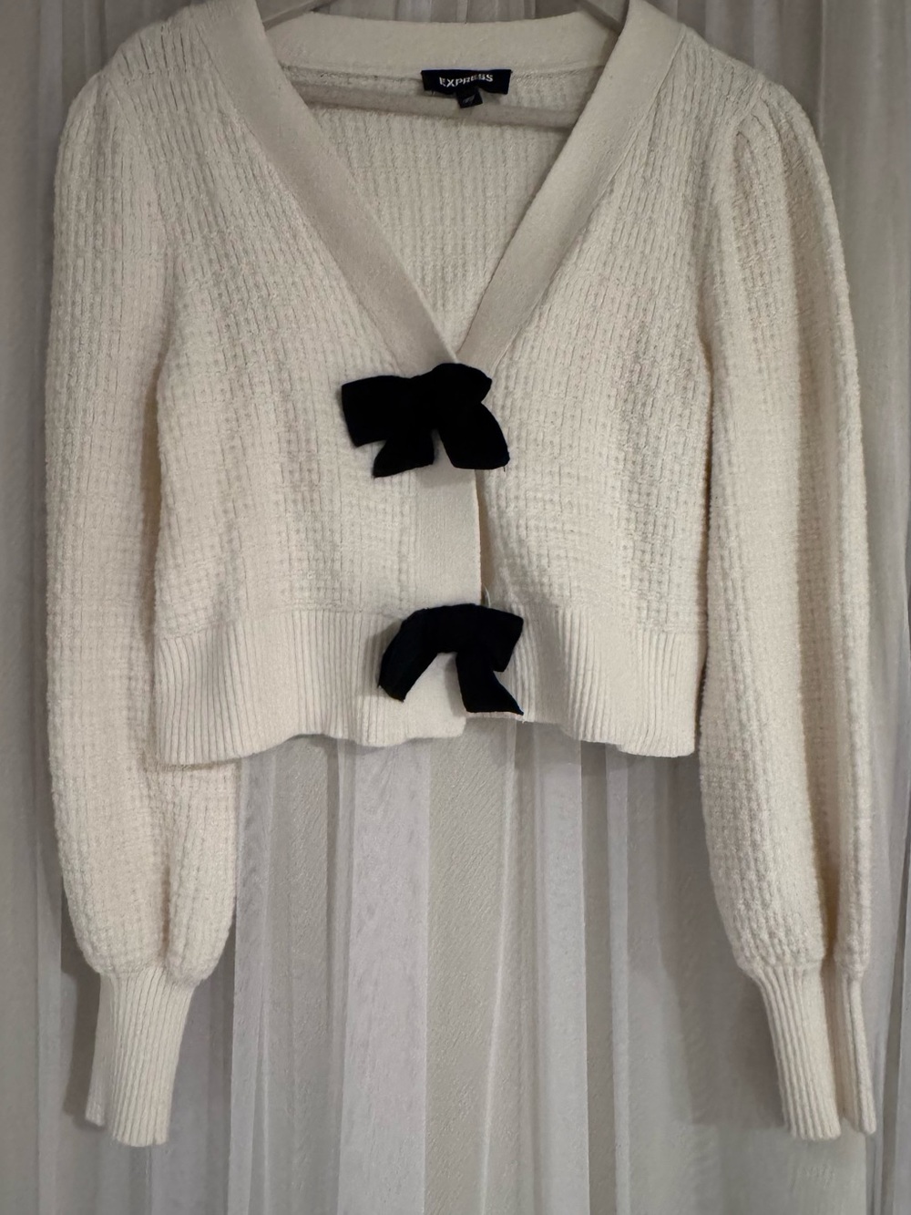Express Cream Bouclé Cardigan with Black Bow Details